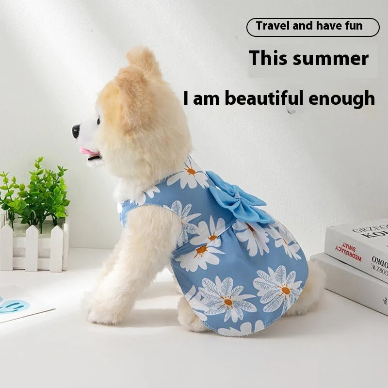 Ultra-thin polyester pet dress with floral butterfly knot design in multiple colour options