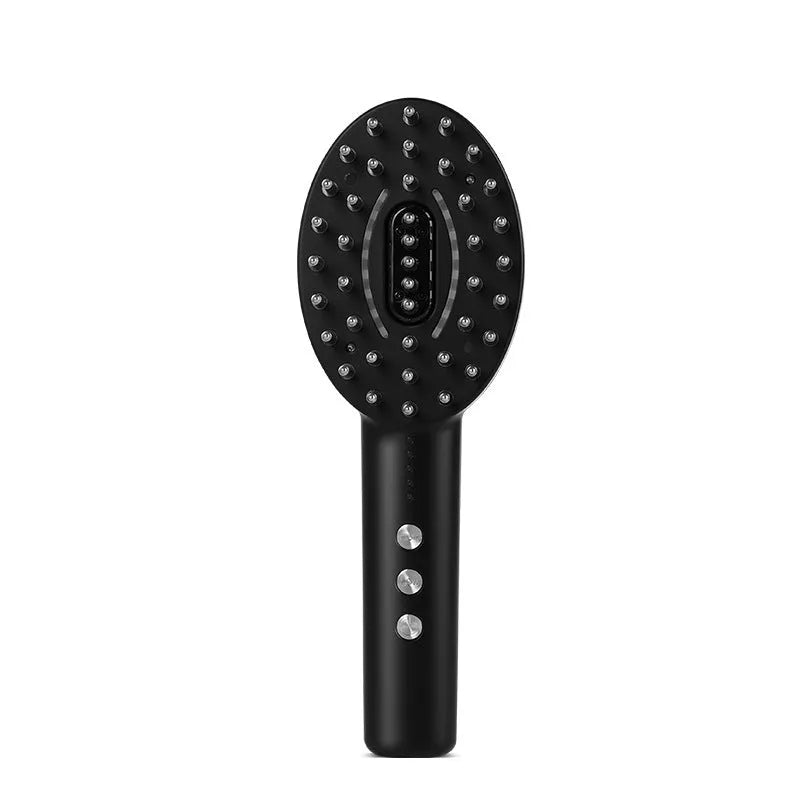 Black handheld scalp massage device with vibration head and USB charging cable