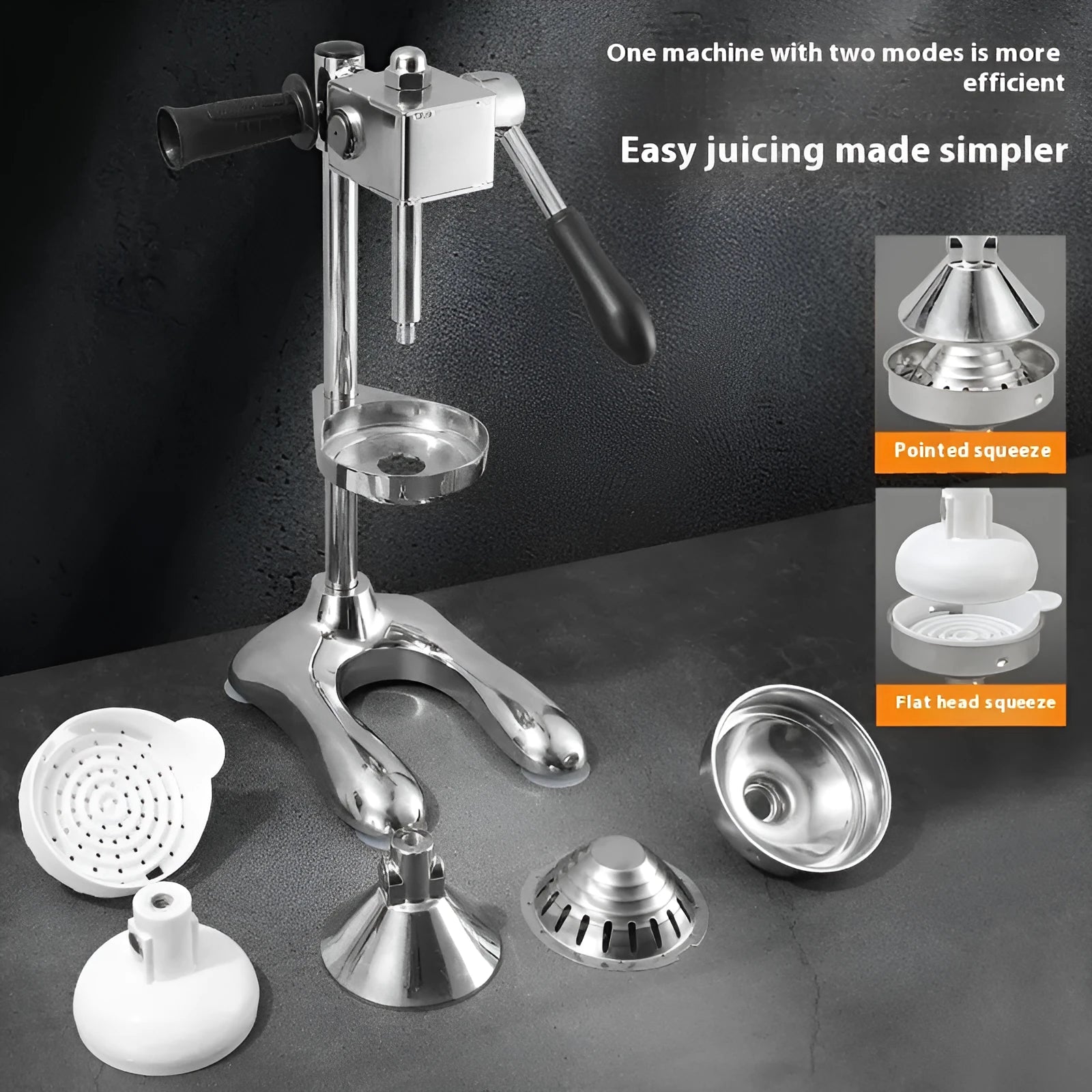 Stainless steel vertical manual juicer with multiple juicing head options in modern colours