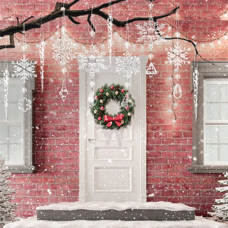 Set of 10 transparent acrylic icicle and snowflake Christmas tree hanging ornaments with ribbons.