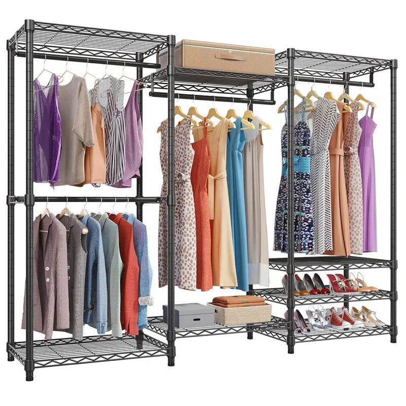 Black freestanding metal clothes storage rack with long hanging rail.