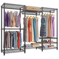 Black freestanding metal clothes storage rack with long hanging rail.