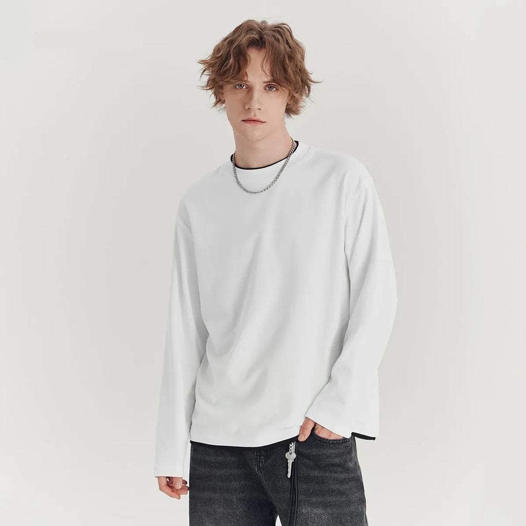 Men's loose fit long-sleeved cotton blend t-shirt in solid colour options