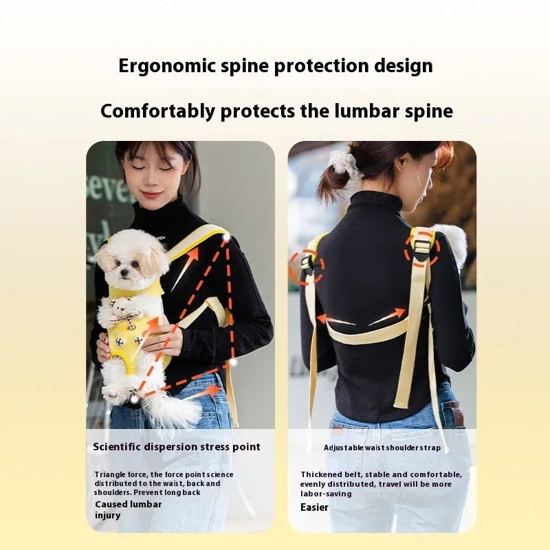 Cartoon pet chest carrier bag with animal pattern in soft canvas material with adjustable straps