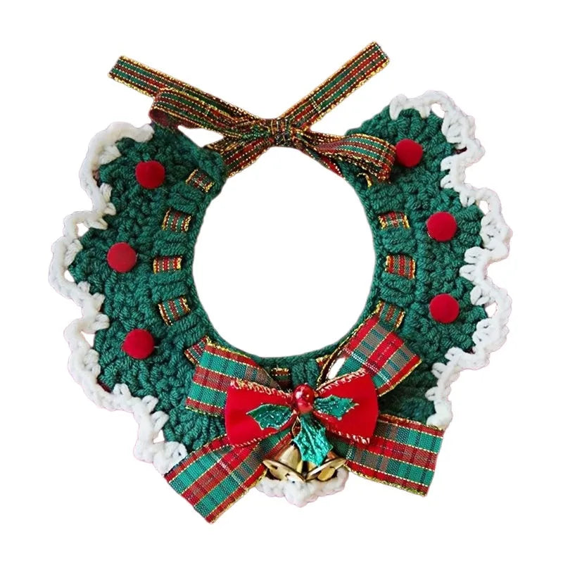 Adjustable Christmas knit pet collar with crochet elk pattern for cats and small dogs, sizes L and M