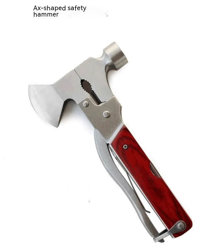 16-in-1 multifunctional solid steel car safety hammer shown folded, with portable Oxford fabric bag.