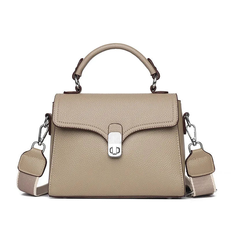 Genuine leather oval cross-body bag 21x18x9cm with sandwich pocket, shown in white, black, khaki and blue