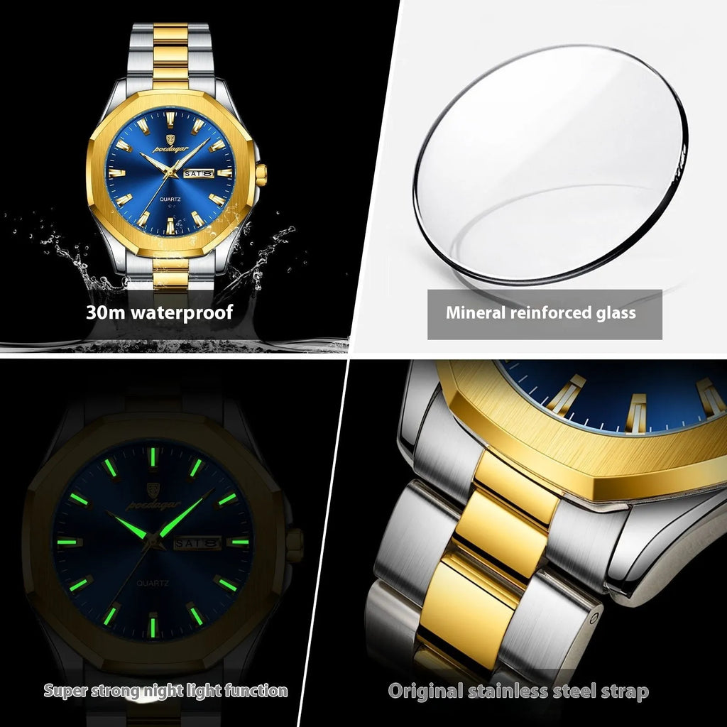 Men's steel strap quartz watch with business style and 9mm thickness, shown in a gold and blue colour variant.