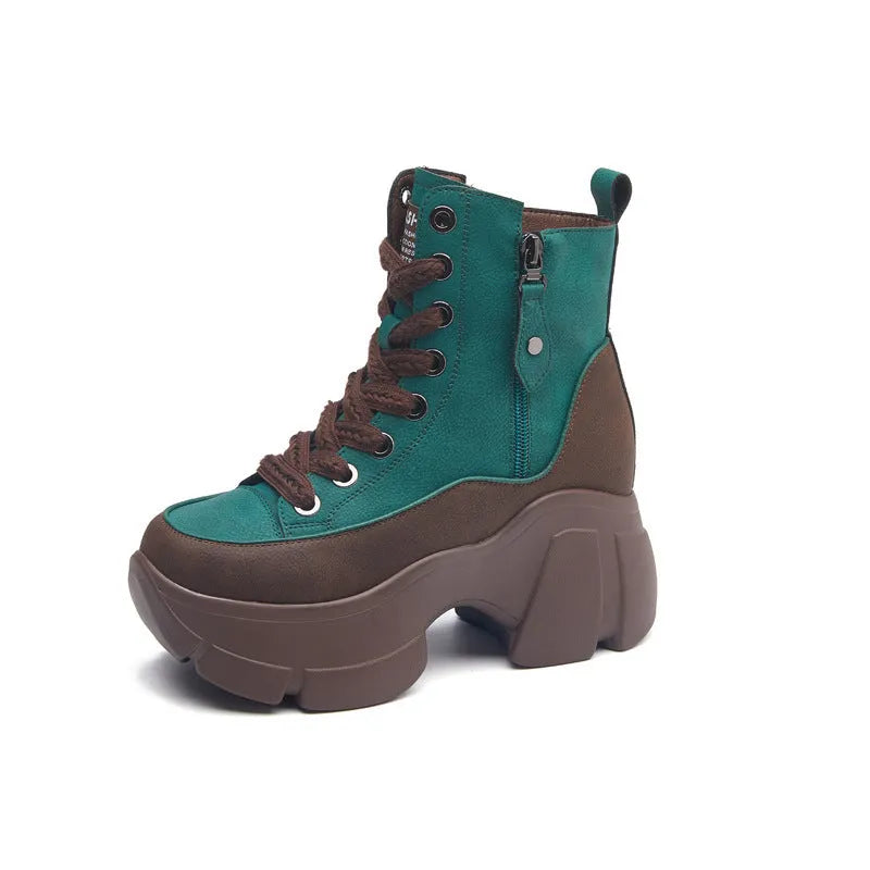 Women's retro small casual short boots in two-layer cowhide with wedge heel and elastic band, sizes 34-39