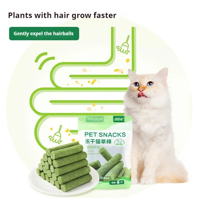 Freeze-dried cat grass stick treats with chicken and salmon, 35g pack of 6 sticks for cats