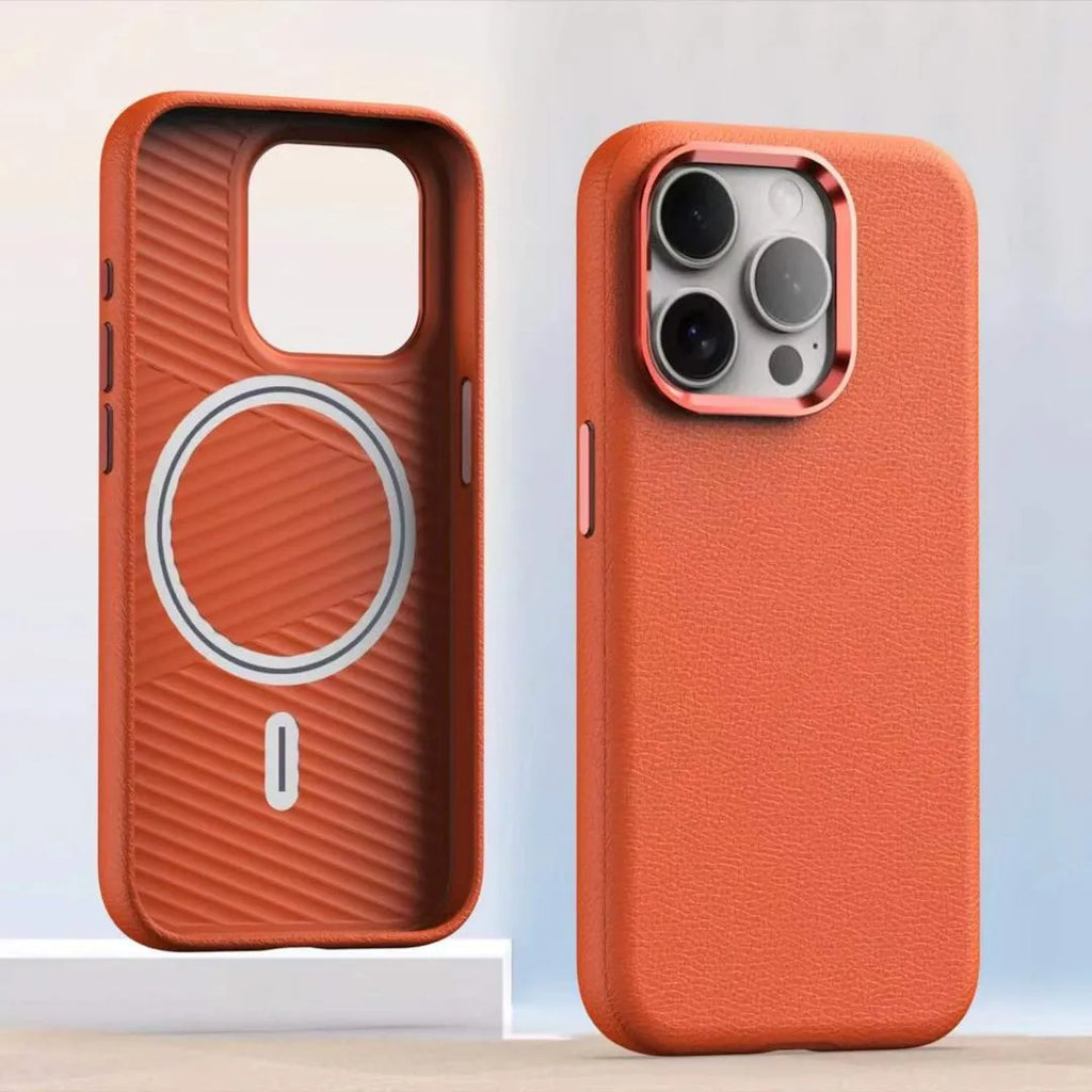 Plain leather magnetic phone case for iPhone 12 13 14 15 series, black colour, magnetic absorption feature