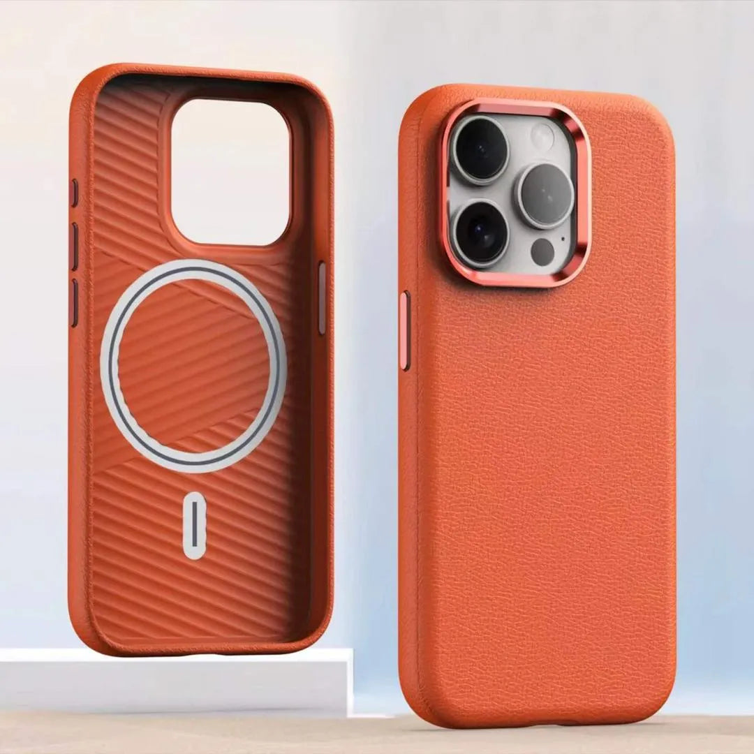 Plain leather magnetic phone case for iPhone 12 13 14 15 series, black colour, magnetic absorption feature