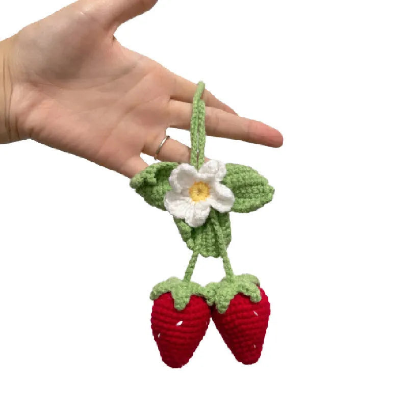 Handmade strawberry-shaped car decoration pendant made from knitted cotton and hemp wool