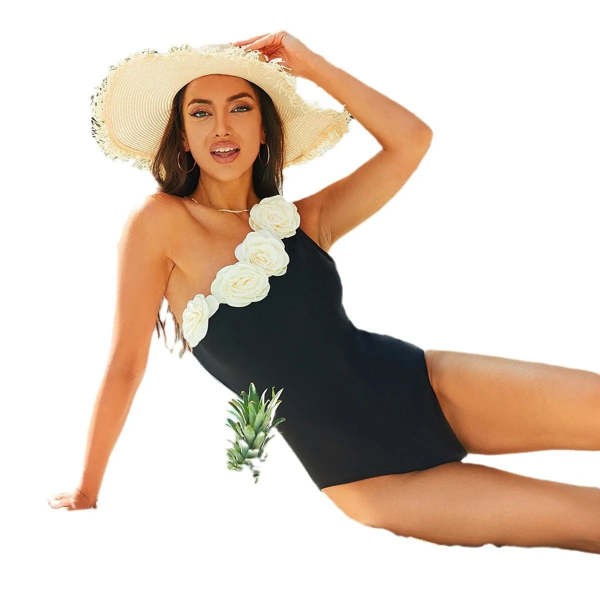 Black solid colour one-piece swimsuit for women on a mannequin or hanger.