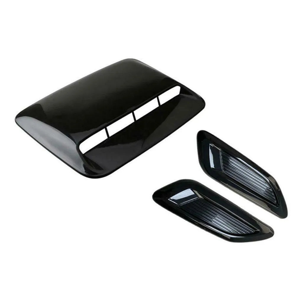 ABS plastic car engine cover and side air vent decorative shroud set in black and carbon fibre finishes