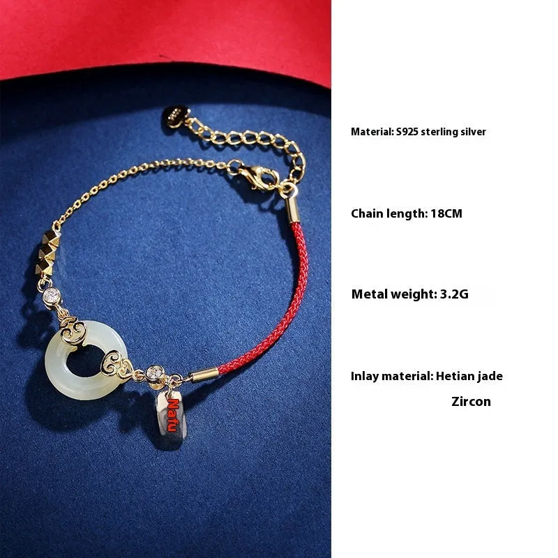 Hetian jade gourd bracelet with sterling silver Fu Lu necklace and earrings set