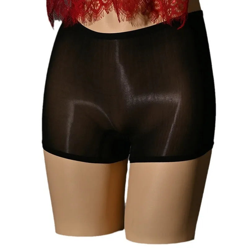 Men's shiny seamless underwear stockings in nylon fabric, showing mid-waist design and breathable construction