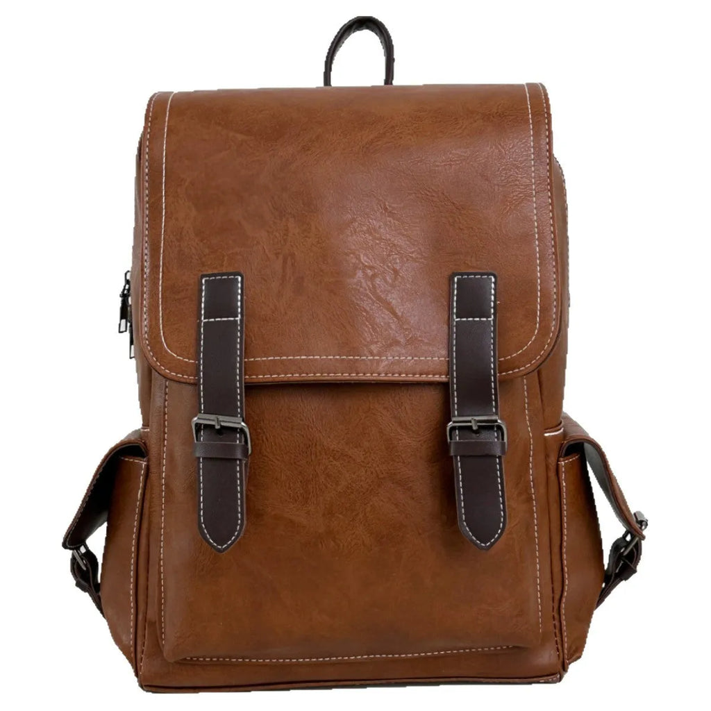 Retro leather travel backpack in black, dark brown, or brown with curved shoulder straps and 20-35L capacity