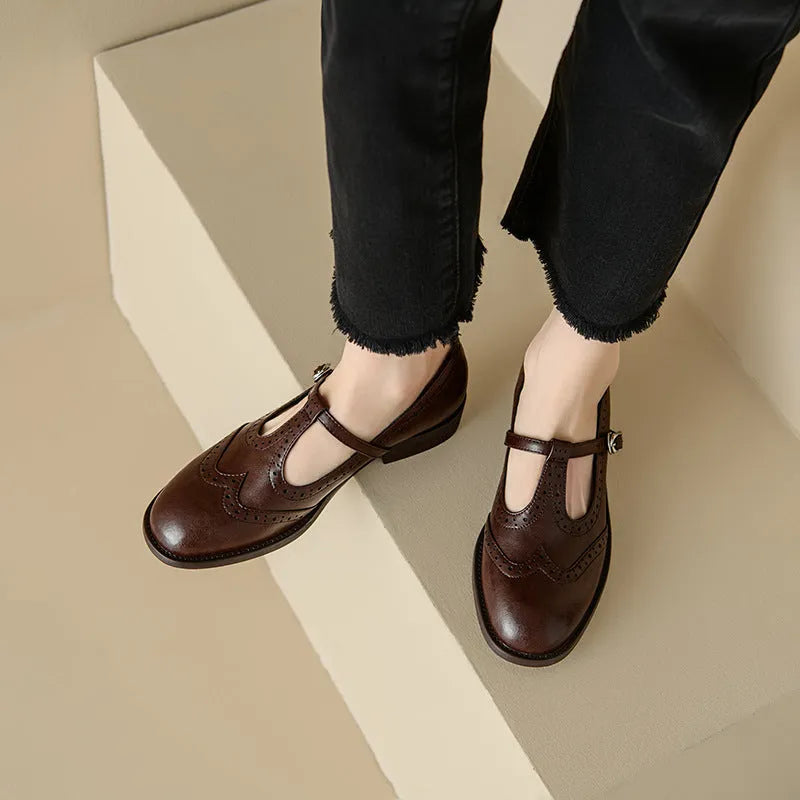 Women's retro round head Mary Jane shoes in black genuine leather with T-bar strap and rubber sole