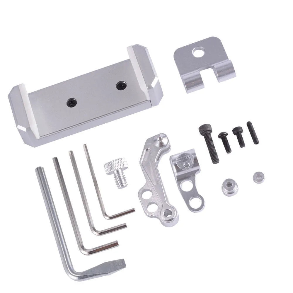 Silver metal universal phone holder with clip and lanyard for car model remote control accessories.