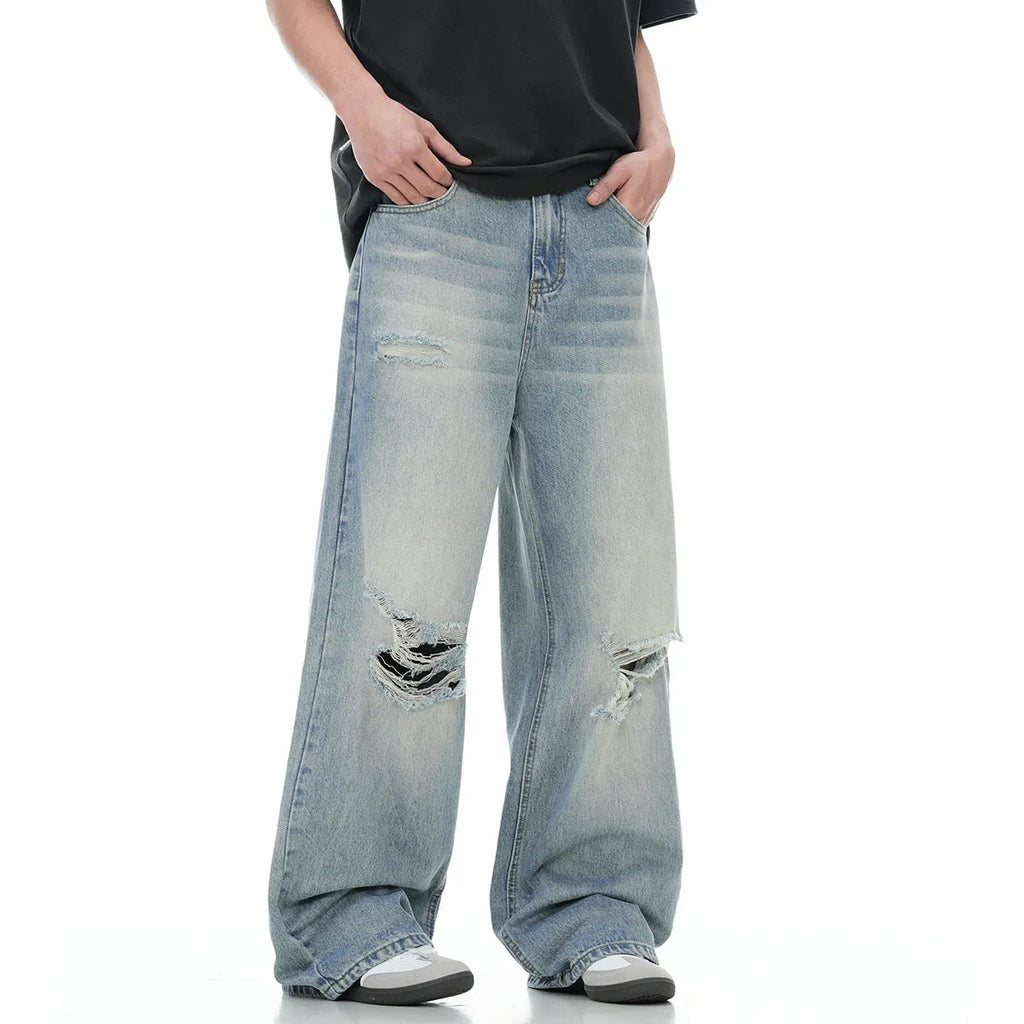 Men's blue retro straight-leg jeans with ripped detailing and cotton-blend fabric