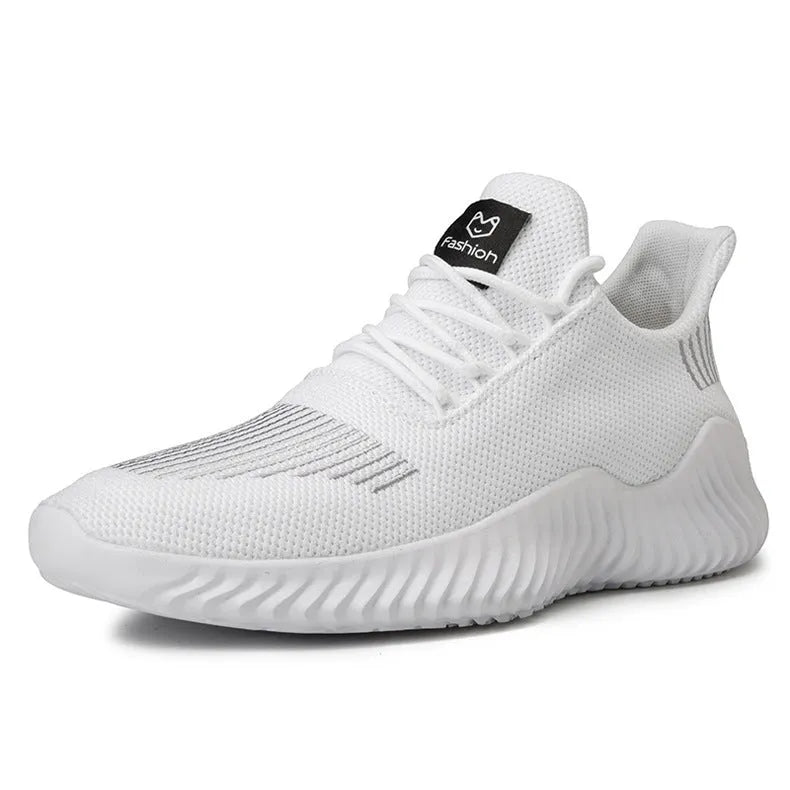 Men's breathable ultra-light running shoes with white upper and grey sole, side view