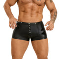 Black PU leather men's boxer shorts with U-pouch design showing front view