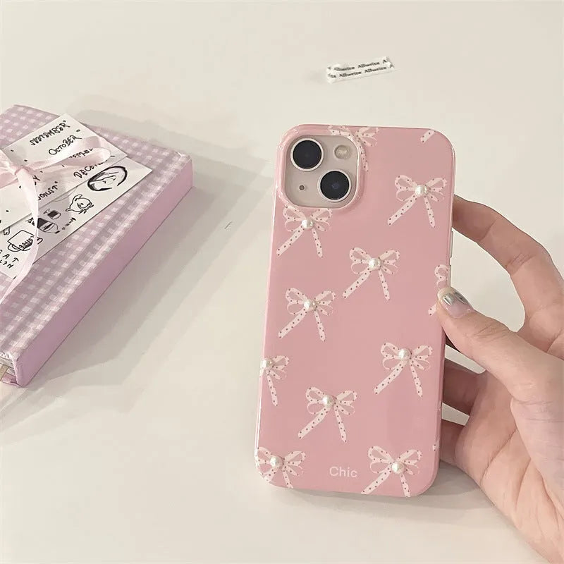 Pink Girl Pearl Bow Stereo Phone Case with three-dimensional pearl dot bow decoration for iPhone 13 Pro Max