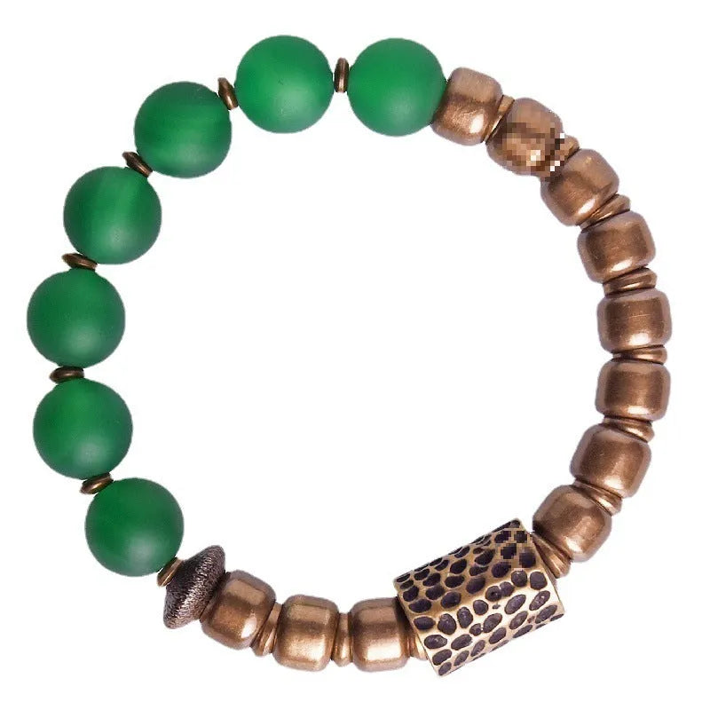 Ethnic couples bracelet with antique-finished green agate beads on natural cord.