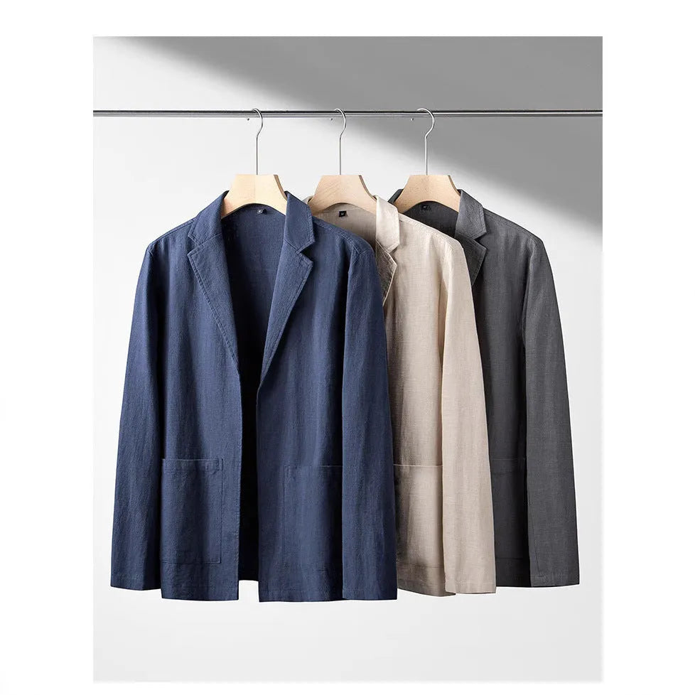 Men's linen casual suit set in solid colour with long sleeve jacket and trousers, available in apricot gray navy blue