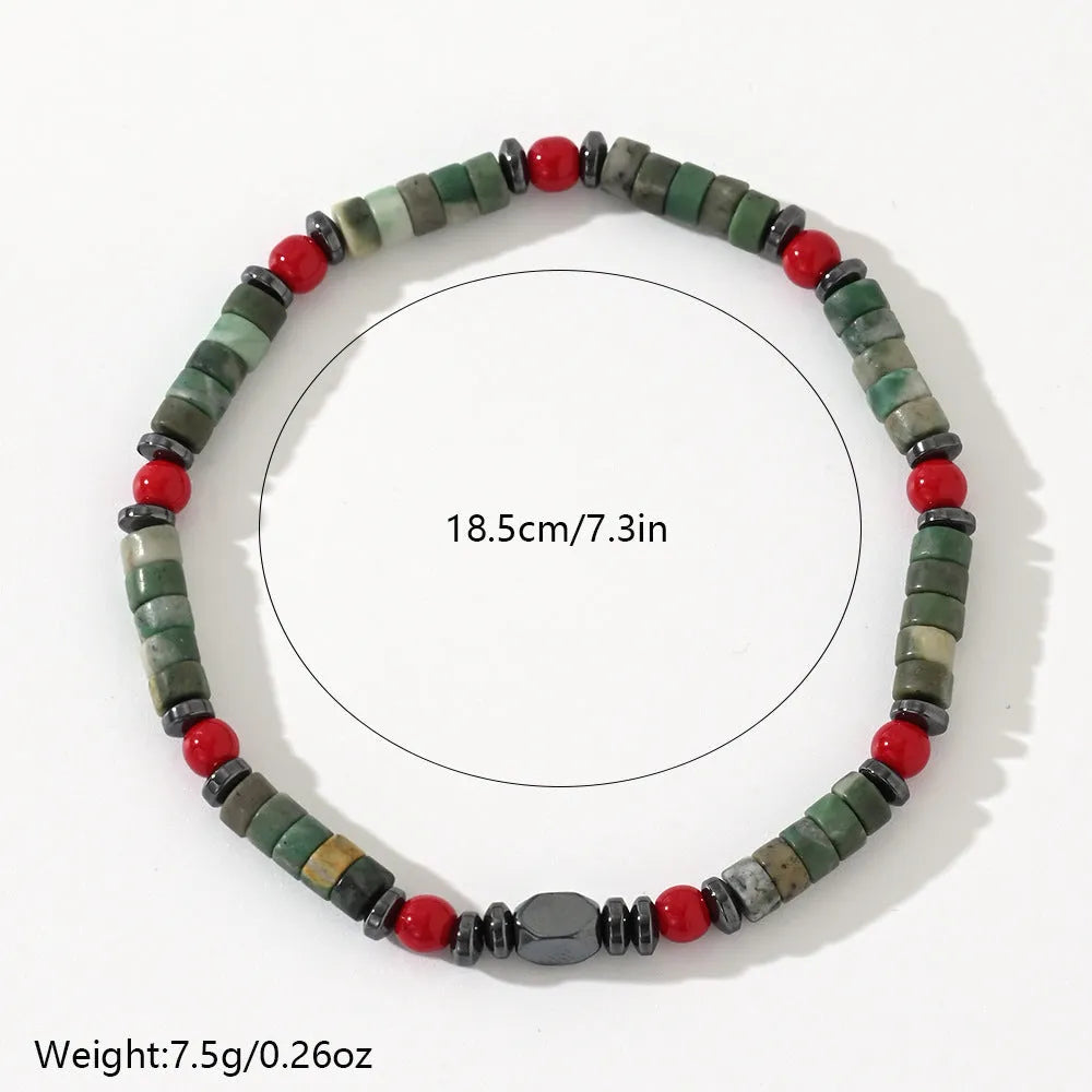 Men's bohemian bracelet with cylindrical natural stone beads on adjustable string closure
