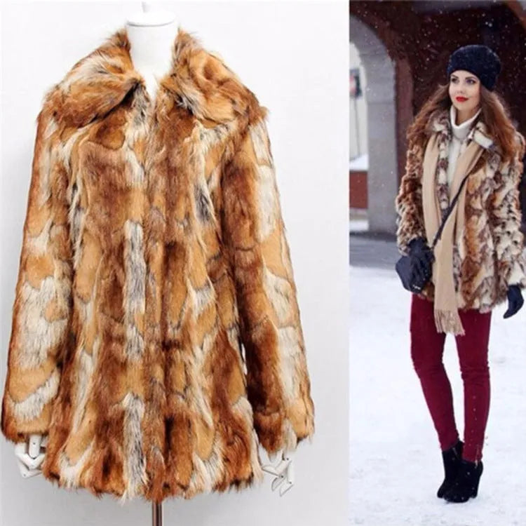 Women's tiger pattern faux fur leather jacket with slim fit and 65cm length