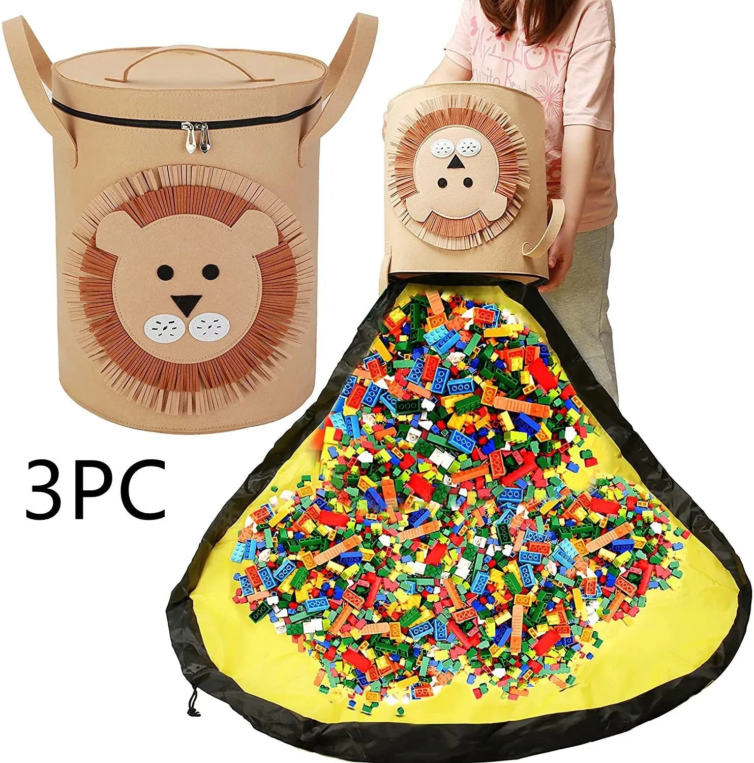 Green foldable felt cube storage bag with pull rope, shown both as a container and laid flat as a play mat.