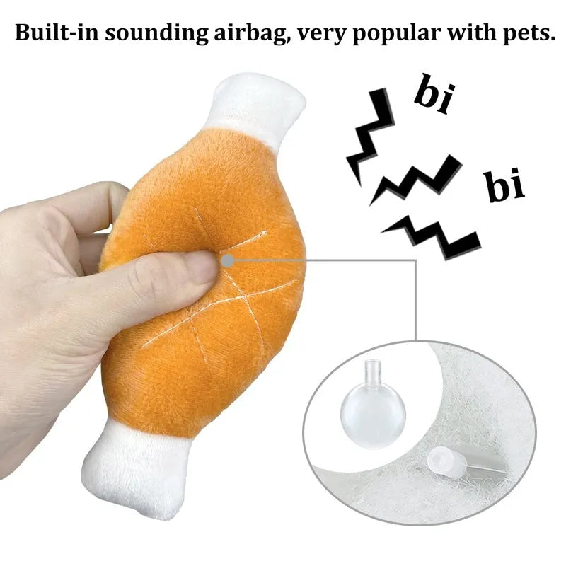 Plush chicken leg dog chew toy with soft fabric, PP cotton filling and built-in squeak sac for small dogs