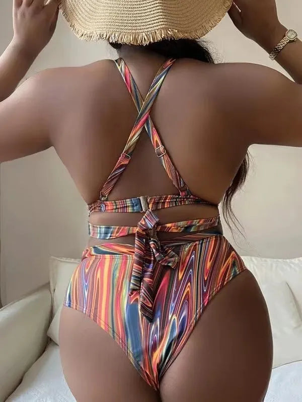 Women's floral pattern high waist bikini swimsuit in plus sizes