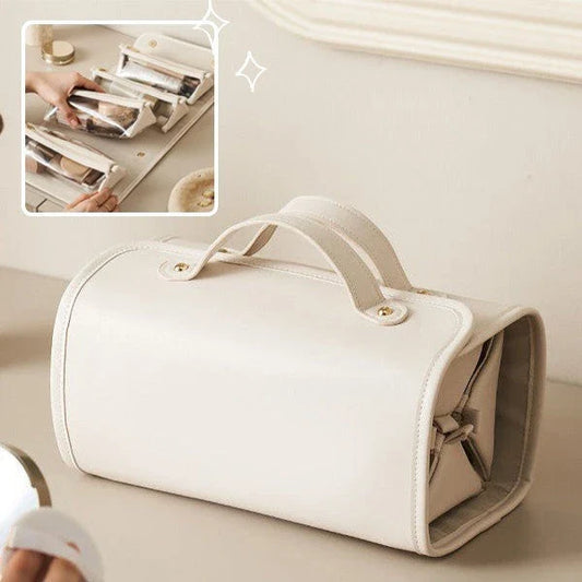 Stylish folding cosmetic bag in beige and brown colors with premium stitching details, featuring a spacious interior and compact, waterproof design for convenient travel