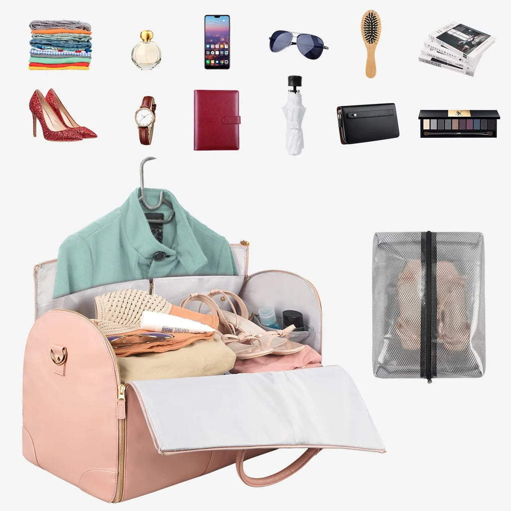 Large capacity folding travel duffle bag in pink with waterproof PU and polyester lining for women