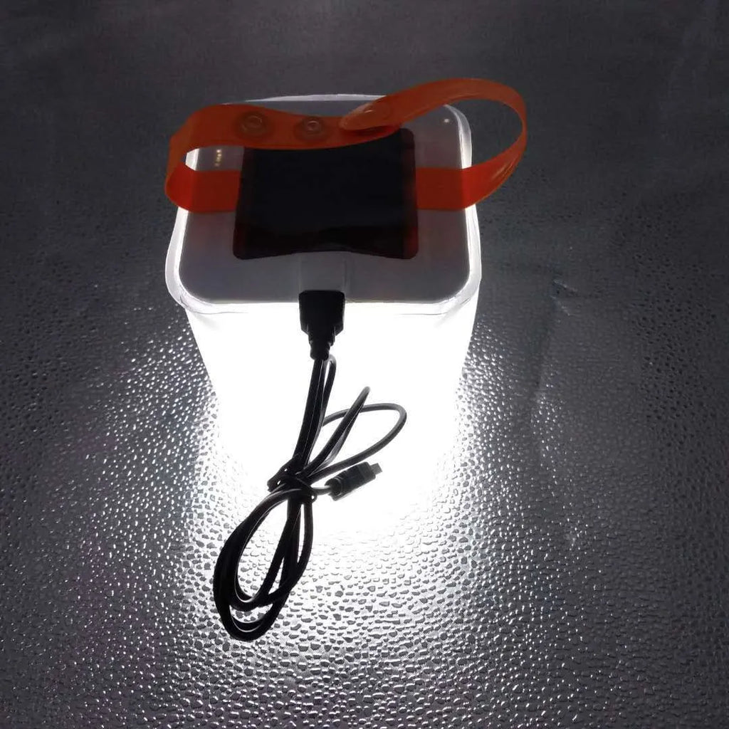 White inflatable solar camping lantern, TPU and acrylic board, 10.5x10.5x11cm, three LED modes