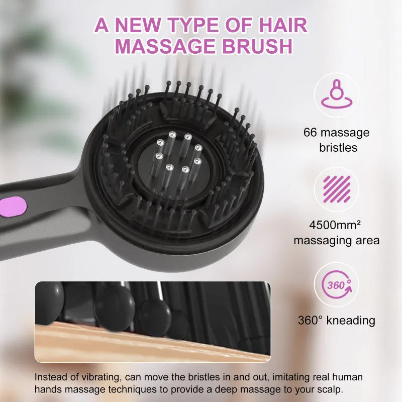 USB-powered anti-leak hair brush massager in black with mechanical 2-gear control buttons