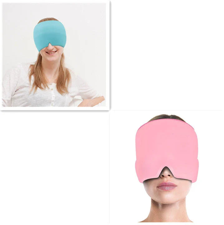 Soothing ice gel eye mask for headache relief, featuring a cooling gel pack and premium elastic cloth for a comfortable fit