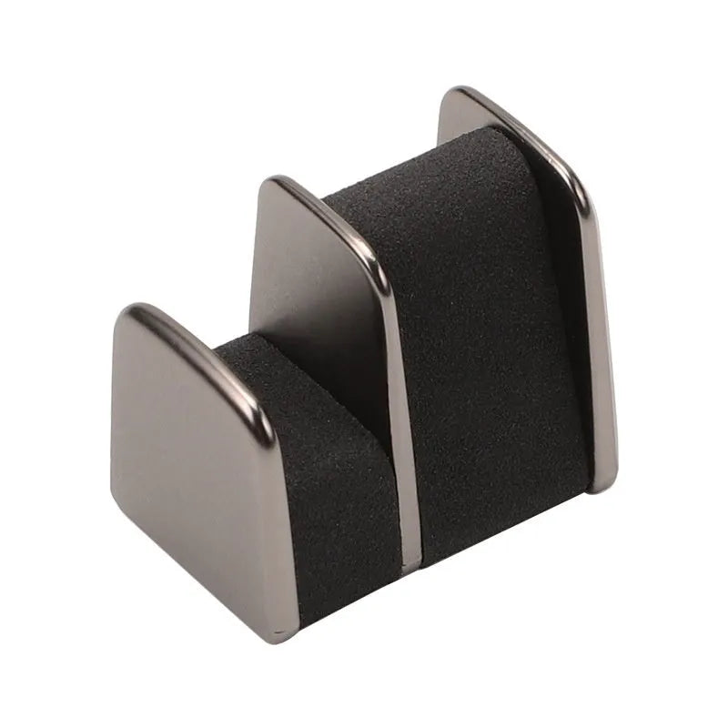 Zinc alloy and leather car dashboard clip for holding sunglasses, shown in green, black, grey, or red.