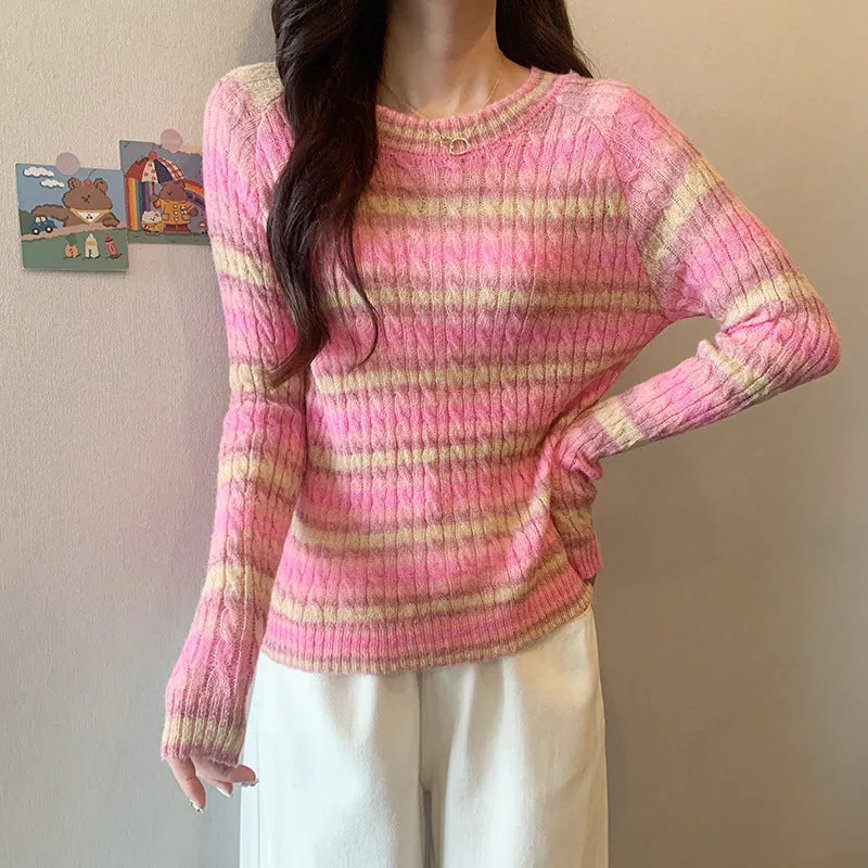 Women's striped round neck pullover sweater in pink or purple, slim fit long sleeve 50cm top