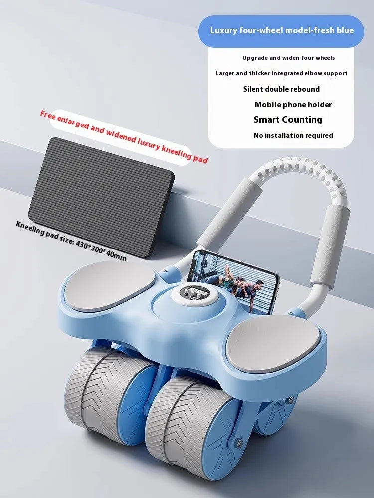 Automatic rebound abdominal exercise wheel with elbow supports in blue on a home floor.