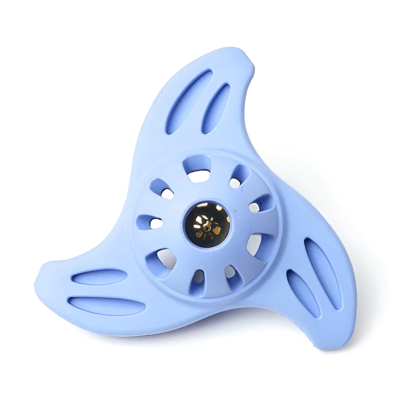 Blue bite resistant boomerang-shaped dog toy for medium and large breeds on a plain background.