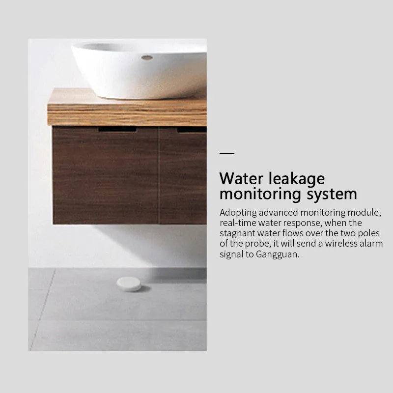 Compact white Zigbee wireless water flood sensor for smart home on a wooden surface.