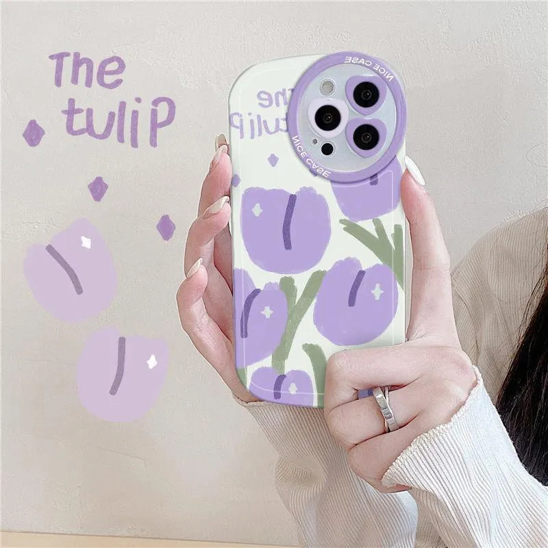 Clear Purple Tulip phone case with heart lens detail and matching violet purple bracelet for iPhone.