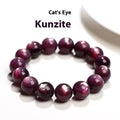 Natural purple lepidolite crystal round bead bracelet on a white background.