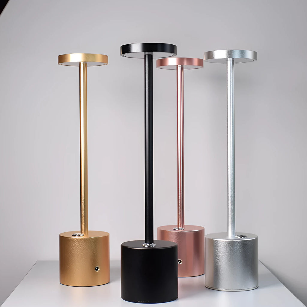 Rechargeable aluminium LED desk lamp with touch dimming in metallic colours