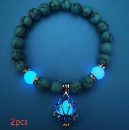 Luminous lotus charm bracelet with mesmerizing glow-in-the-dark beads, made of premium alloy and turquoise fluorescent stone