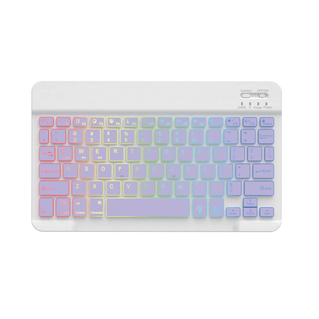 10-inch wireless Bluetooth keyboard with colourful backlighting on a desk next to a tablet.